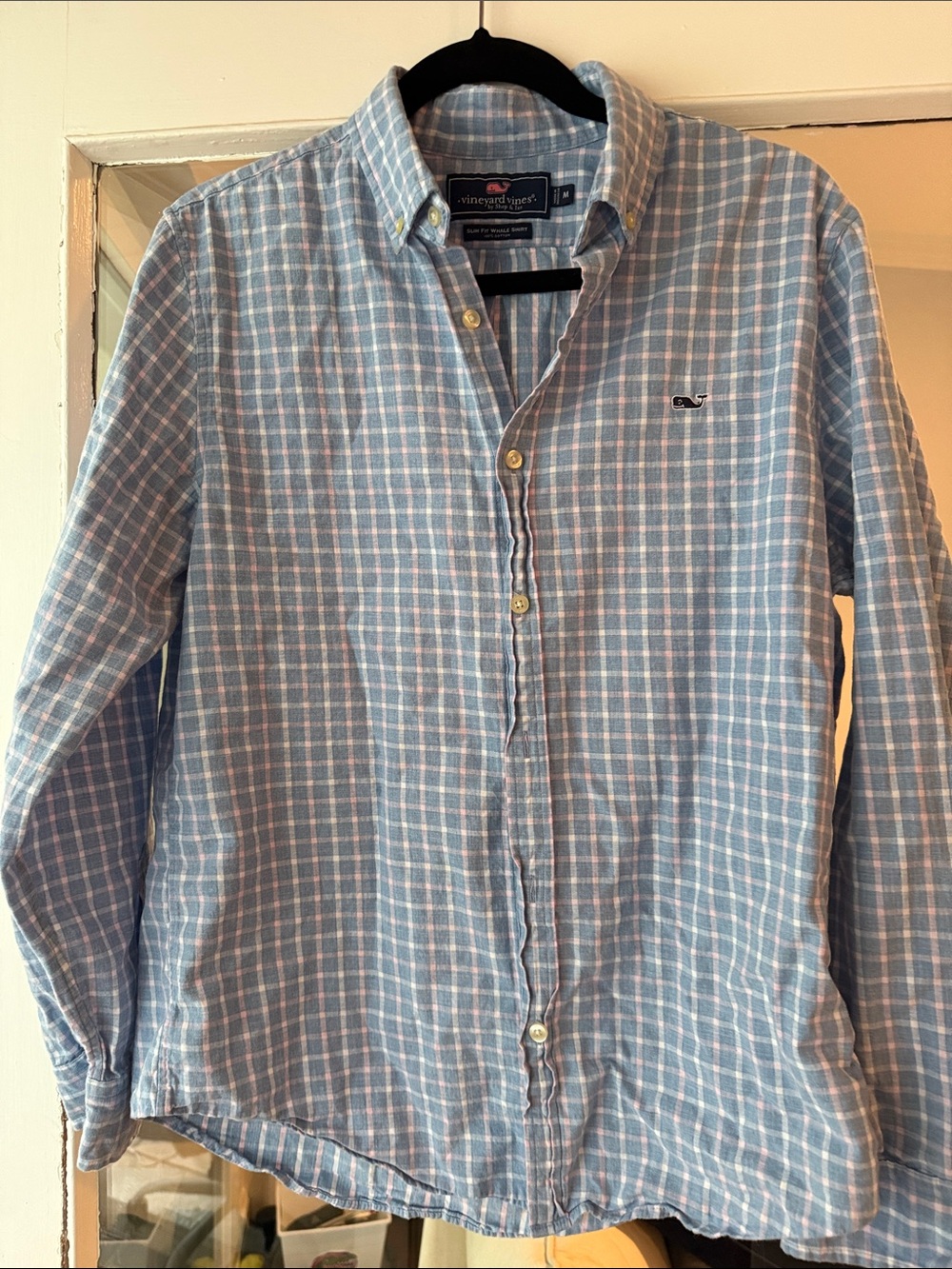 Vineyard Vines Blue and White and Pink Plaid Button-Down Whale Shirt